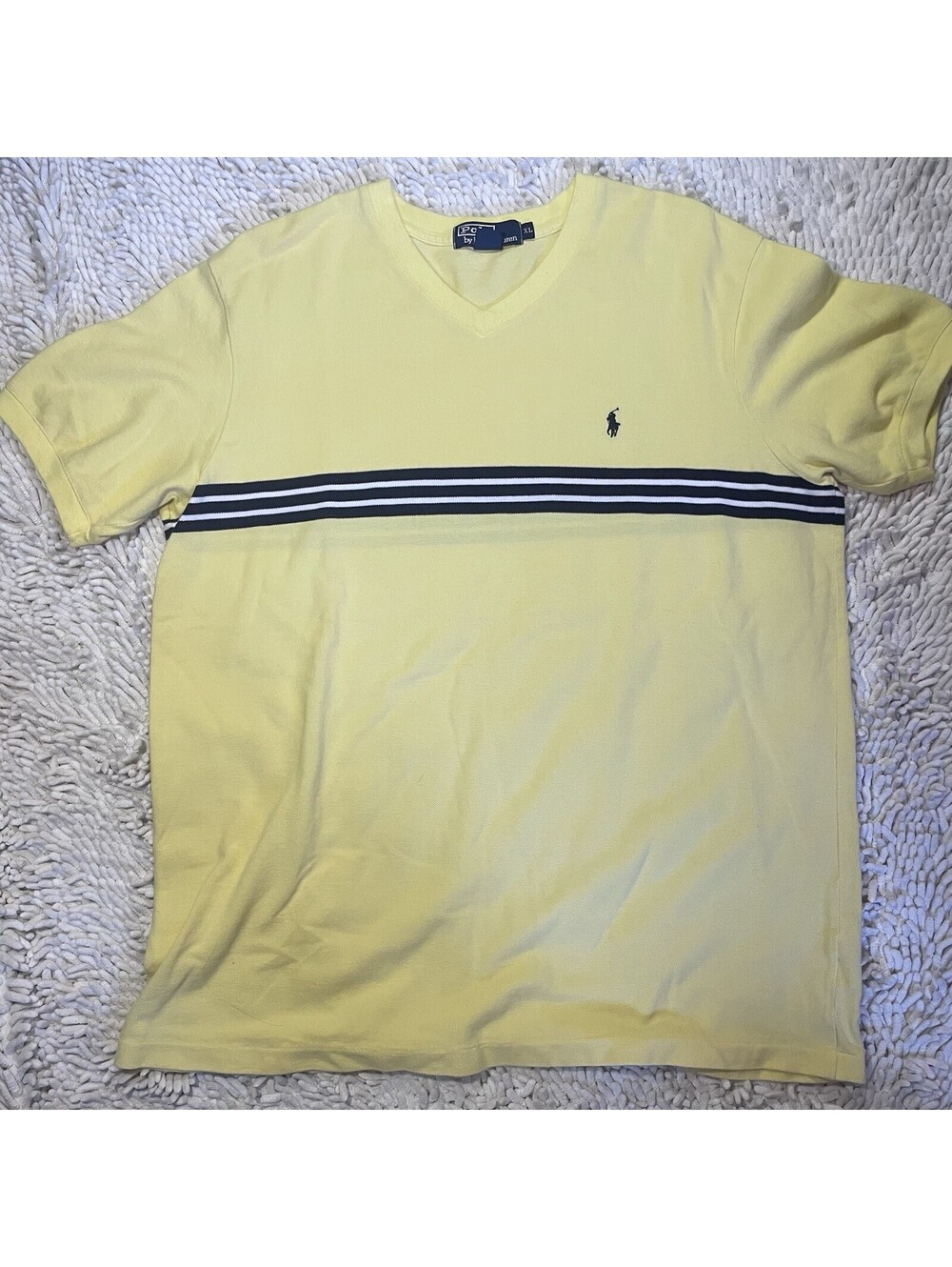 Polo Ralph Lauren Mens XL T-Shirt Yellow V-Neck Striped Pique Pony Logo USA